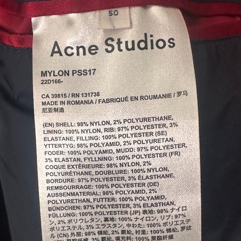 Acne Studios Red Bomber Jacket Full Zip Lightweight Mid-Length Men's Size 50 - Picture 8 of 9